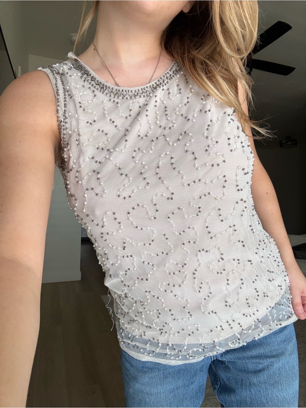 Jennifer Lopez Ivory Beaded Sleeveless Camisole